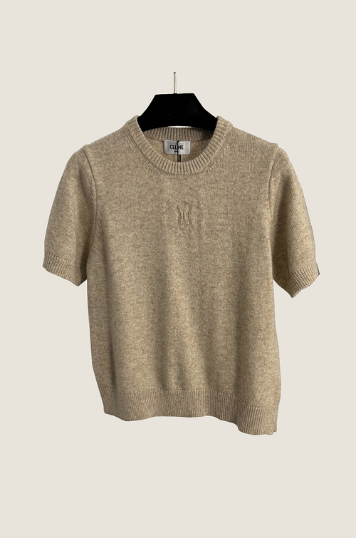 Celine Taupe Knit Logo Short-Sleeve Sweater