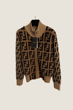 Fendi Monogram Camel Wool Zip Cardigan