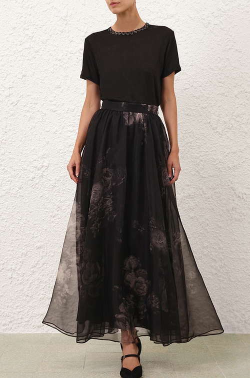 Zimmermann “Nocturne Bloom” Sheer Floral Organza Maxi Skirt – Sizes 0–3