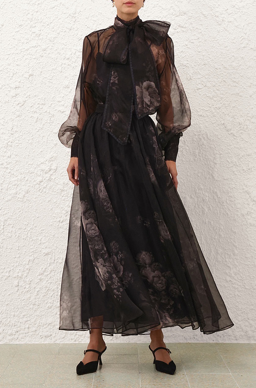 Zimmermann “Nocturne Bloom” Sheer Floral Organza Maxi Skirt – Sizes 0–3