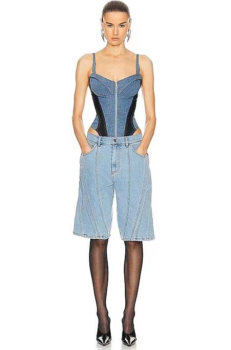 Mugler “Sculpted Edge” Denim Bermuda Shorts