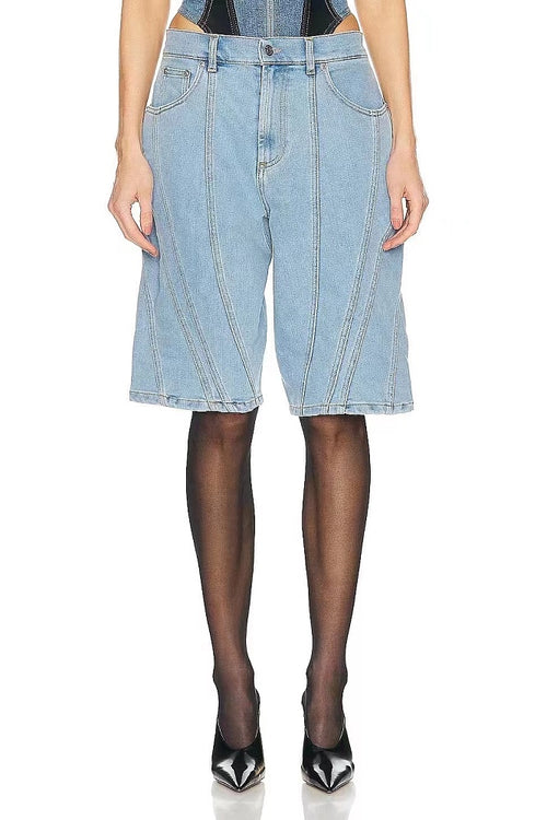 Mugler “Sculpted Edge” Denim Bermuda Shorts