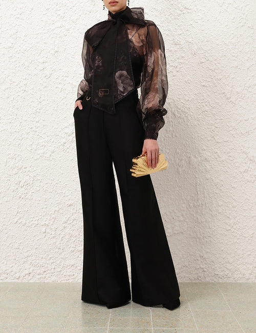 Zimmermann “Nocturne Bloom” Sheer Silk Bow Blouse – Sizes 0–3