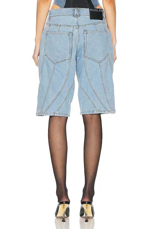 Mugler “Sculpted Edge” Denim Bermuda Shorts