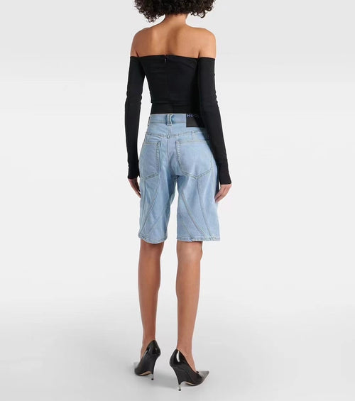 Mugler “Sculpted Edge” Denim Bermuda Shorts