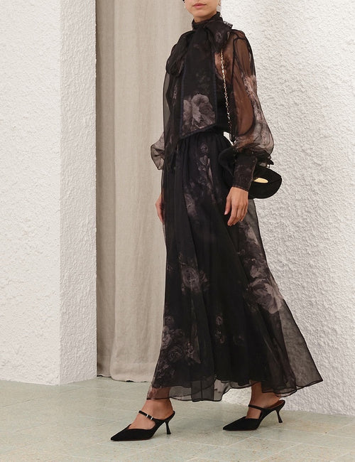 Zimmermann “Nocturne Bloom” Sheer Silk Bow Blouse – Sizes 0–3