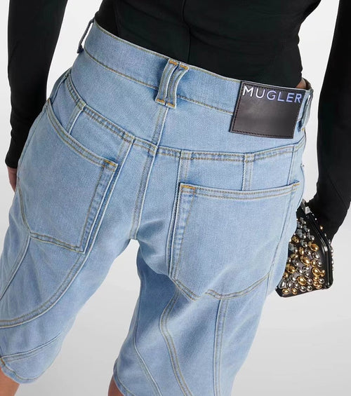 Mugler “Sculpted Edge” Denim Bermuda Shorts