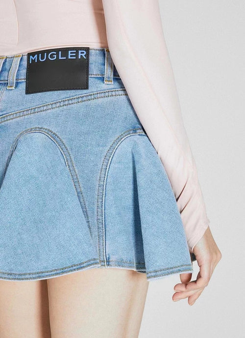 Mugler “Vortex Pleat” Sculpted Denim Mini Skirt