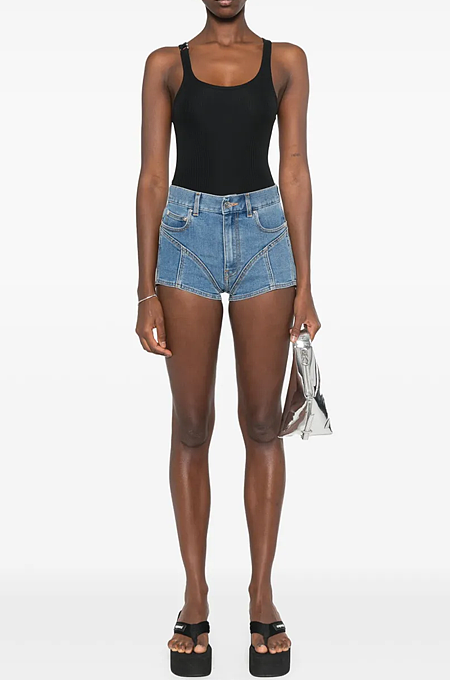 Mugler “Contour Hybrid” High-Cut Denim Shorts