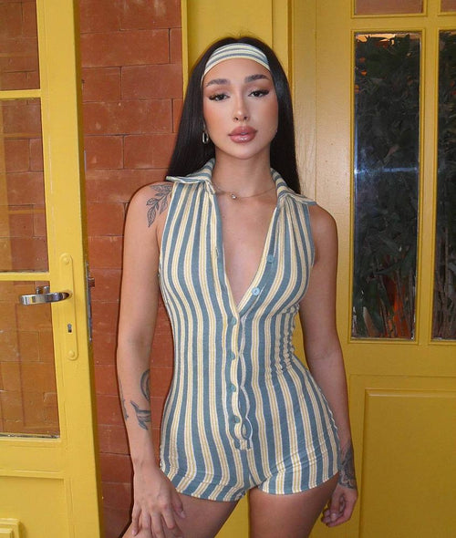 “Soleil Stripes” Retro-Collar Casual Romper