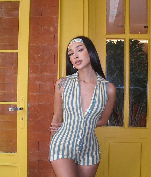 “Soleil Stripes” Retro-Collar Casual Romper