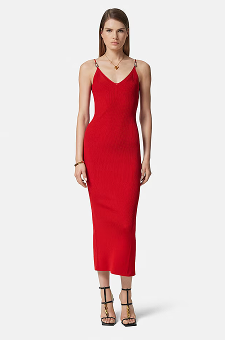 Versace “Linea Lucente” Pin Detail Ribbed Mini Dress