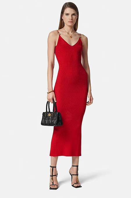 Versace “Linea Lucente” Pin Detail Ribbed Mini Dress