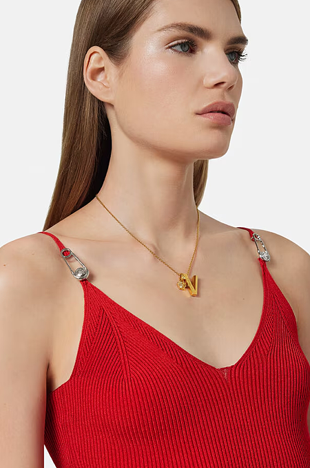 Versace “Linea Lucente” Pin Detail Ribbed Mini Dress