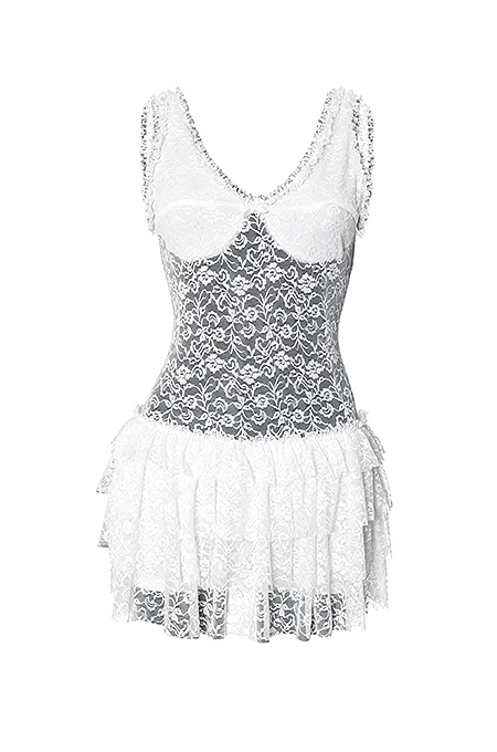“Perle de Brume” Lace Ruffle Mini Dress