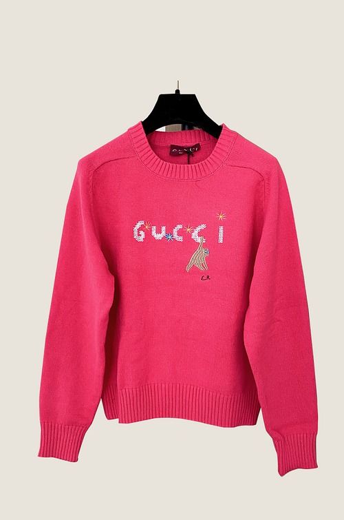Gucci Fuchsia Embroidered Star Girl Knit Sweater