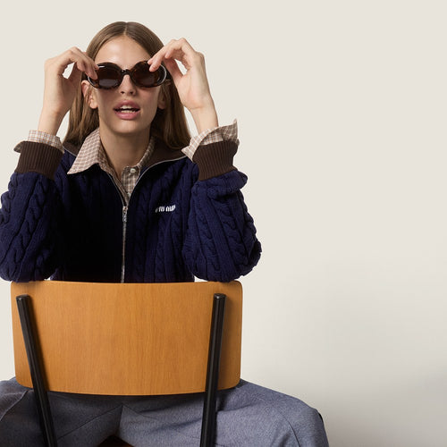 Miu Miu Navy Cable-Knit Zip Cardigan