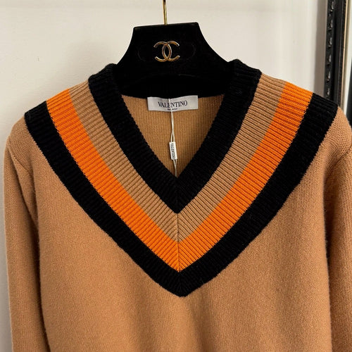 Valentino Camel Stripe V-Neck Knit Sweater