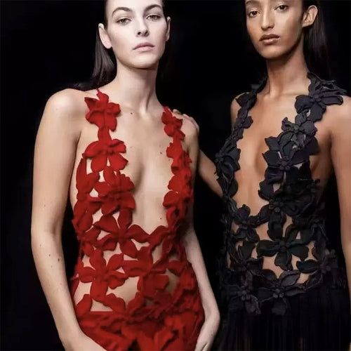 “Fleur Sculpturale” 3D Appliqué Petal Mesh Dress
