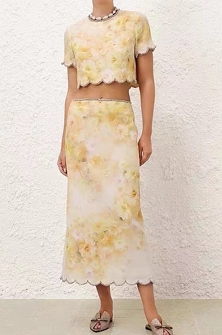“Fior di Nebbia” Scallop-Trimmed Floral Skirt Set by Zimmermann