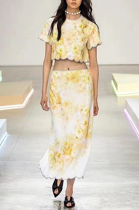“Fior di Nebbia” Scallop-Trimmed Floral Skirt Set by Zimmermann