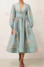 “Acqua Fiorita” Silk Organza Tie-Front Midi Dress by Zimmermann
