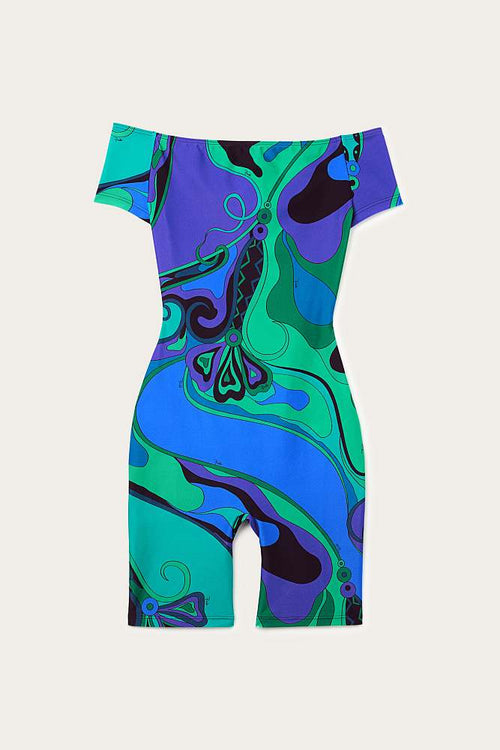 “Orchidee Vortice” Off-Shoulder Romper by Emilio Pucci