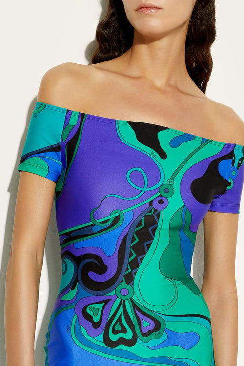“Orchidee Vortice” Off-Shoulder Romper by Emilio Pucci