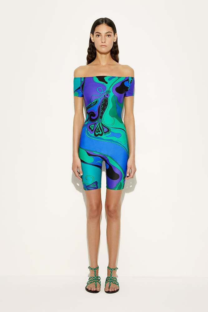 Orchidee Vortice” Off-Shoulder Romper by Emilio Pucci – LUXE