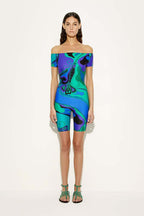 “Orchidee Vortice” Off-Shoulder Romper by Emilio Pucci