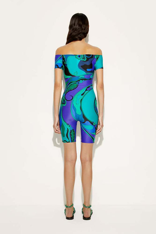 “Orchidee Vortice” Off-Shoulder Romper by Emilio Pucci