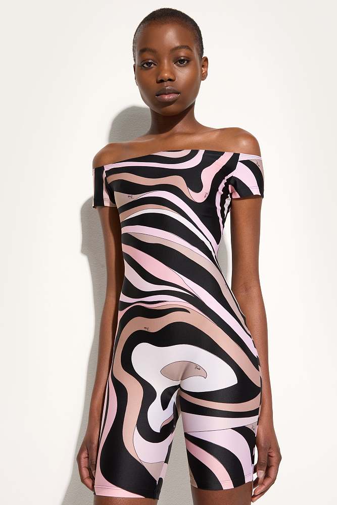 pucci off shoulder dress “Rosa Vortex” Off-Shoulder Romper by Emilio Pucci