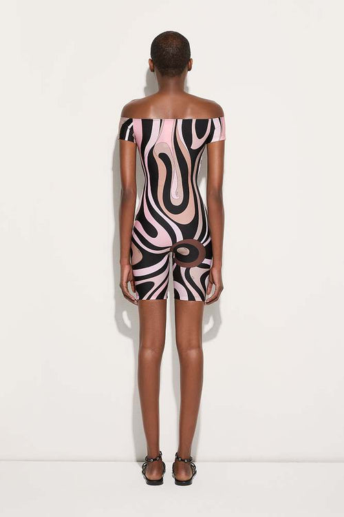 “Rosa Vortex” Off-Shoulder Romper by Emilio Pucci