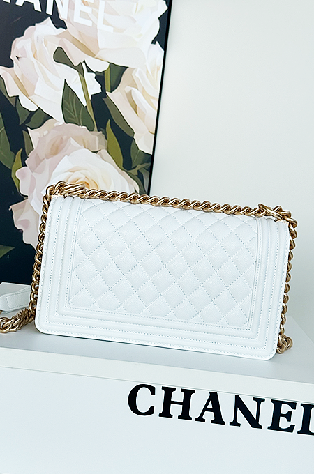 “Boy de Neige” Quilted Lambskin Luxe Shoulder Bag Inspired by the CHANEL Boy Bag in Classic White
