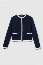 “Navy Icona” GG-Jacquard Knit Cardigan with Contrast Trim