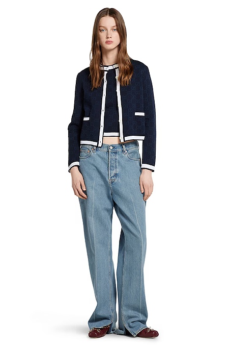 “Navy Icona” GG-Jacquard Knit Cardigan with Contrast Trim