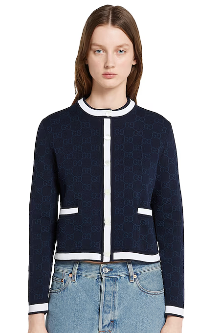“Navy Icona” GG-Jacquard Knit Cardigan with Contrast Trim
