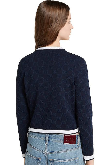 “Navy Icona” GG-Jacquard Knit Cardigan with Contrast Trim