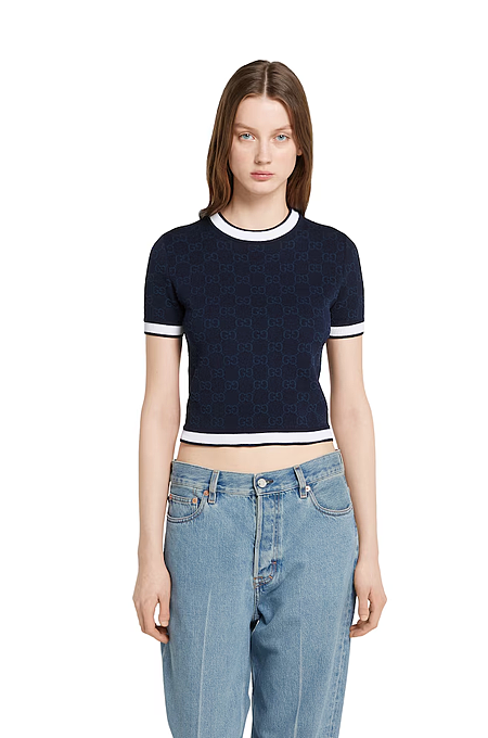 “Navy Icona Crop” GG-Jacquard Knit Top