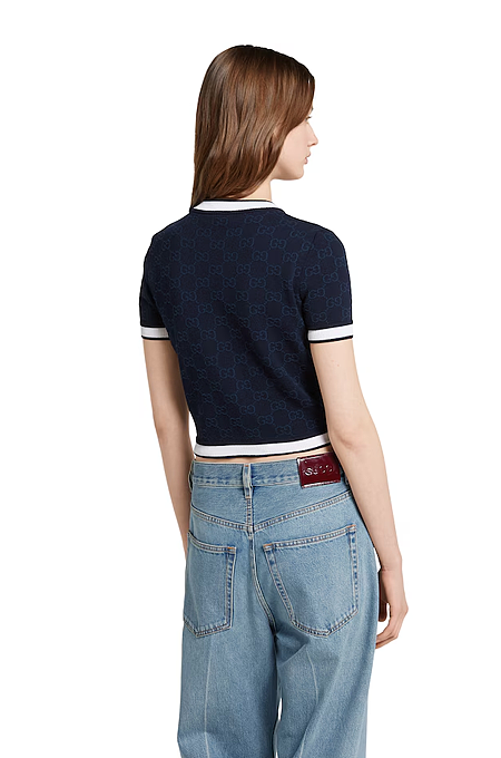 “Navy Icona Crop” GG-Jacquard Knit Top