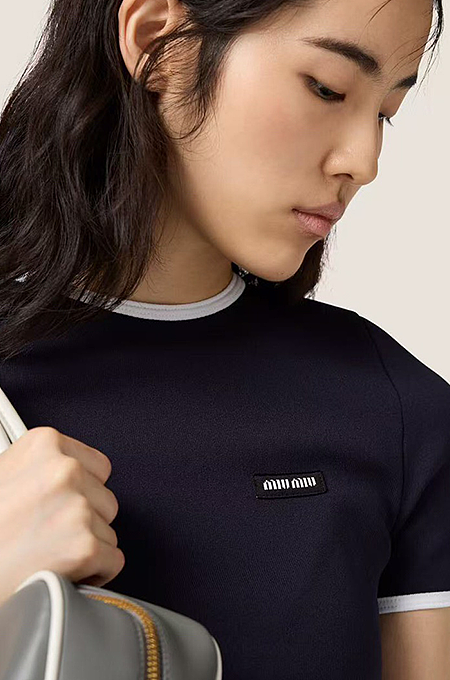 Miu Miu “Marinette” Navy Contrast-Trim Knit Tee
