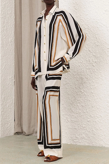 “Capella Lineset” Silk Belted Wide-Leg Ensemble