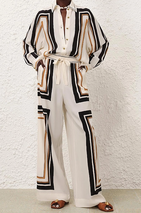 “Capella Lineset” Silk Belted Wide-Leg Ensemble