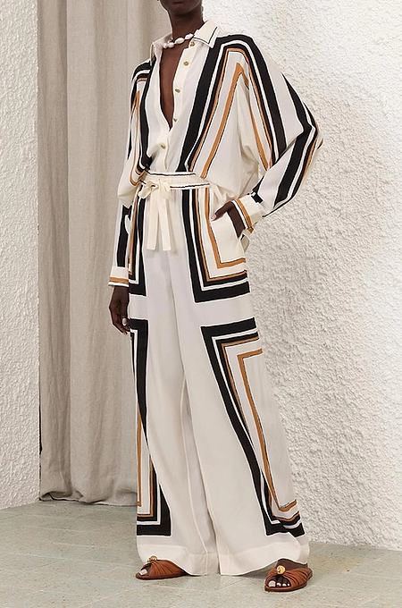 “Capella Lineset” Silk Belted Wide-Leg Ensemble