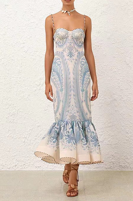 Zimmerman “Lunaria Dusk” Corset Ruffle-Hem Gown