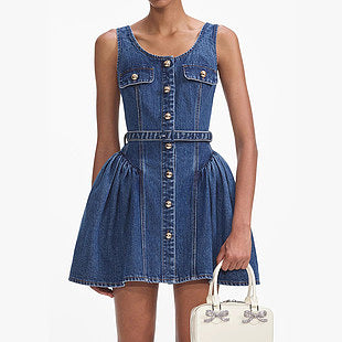 “Denim d’Orsay” Belted Button-Up Mini Dress