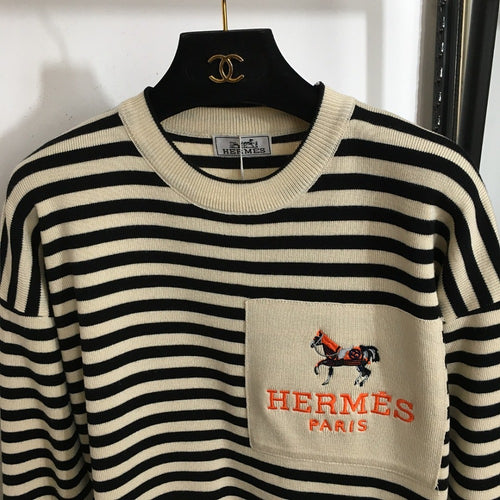 Hermès “Écurie Marinière” Striped Knit Sweater & Lounge Pant Set – Noir Crème
