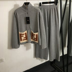 Fendi “Doppio F” Knit Zip Jacket & Wide-Leg Pant Set – Heather Grey