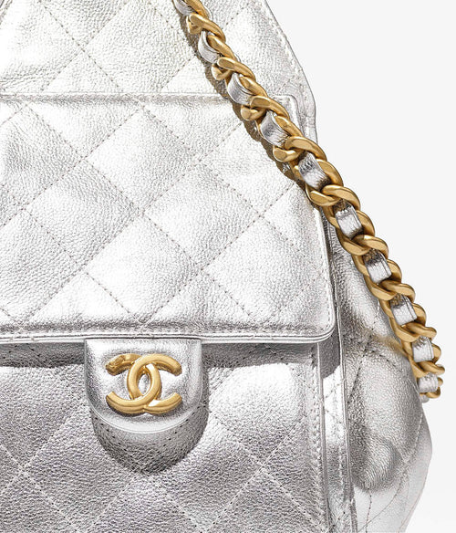 Chanel 25 “Argent Matelassé” Metallic Calfskin Drawstring Bag