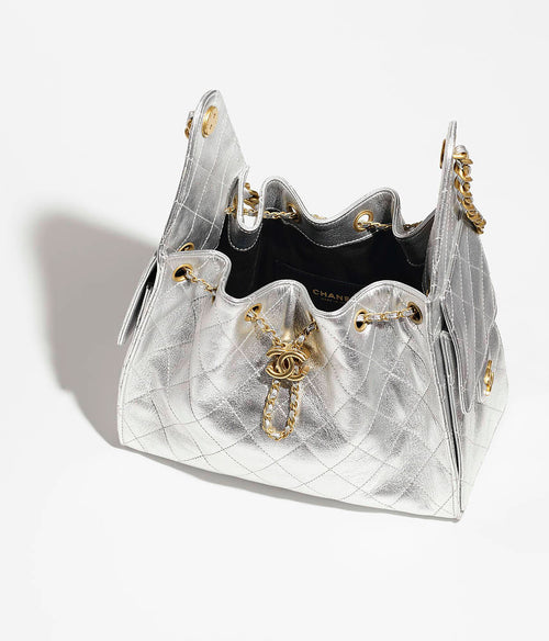 Chanel 25 “Argent Matelassé” Metallic Calfskin Drawstring Bag